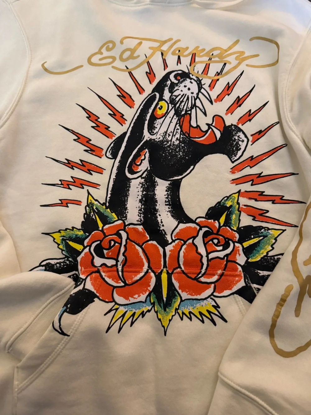 Ed Hardy White Hoodie with Black Panther and Orange Rose Graphic